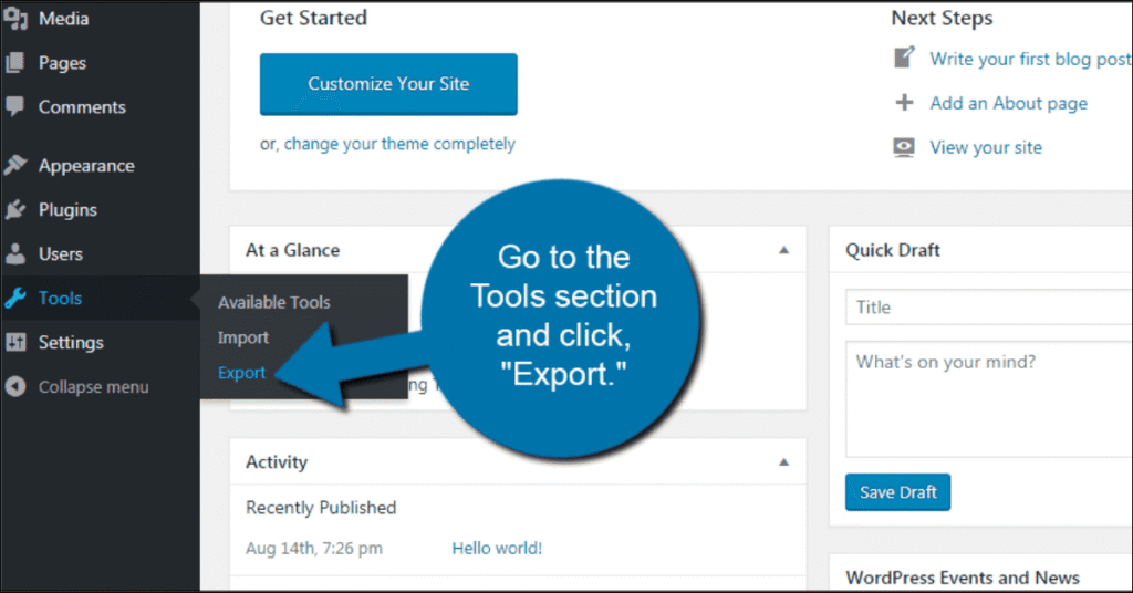 Screenshot of WordPress Export screen